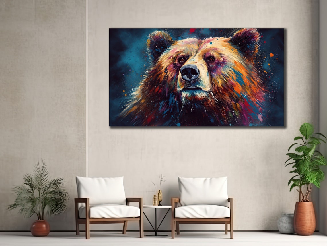 Bear Face Orange Teal Splash Colorful Wildlife Wall Art Print - Image 3