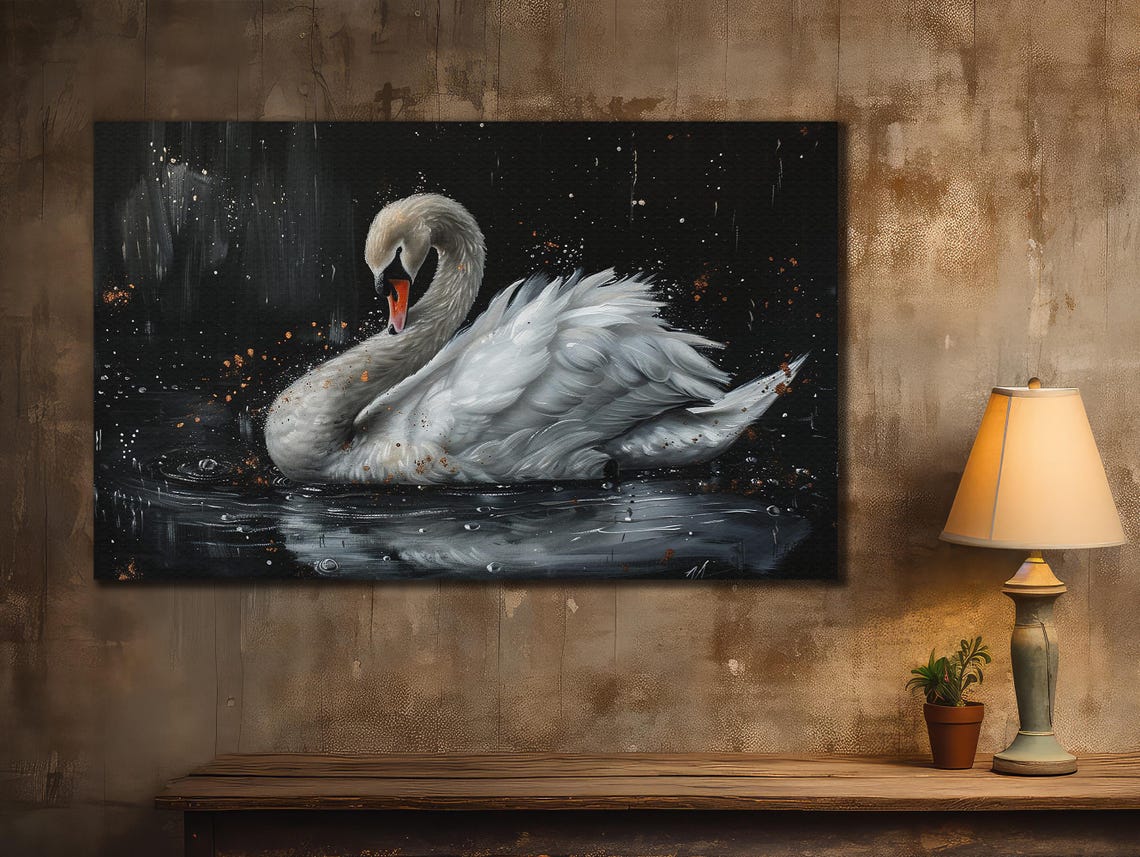 White Swan Dark Water Dramatic Black Background Elegant Art Poster - Image 3