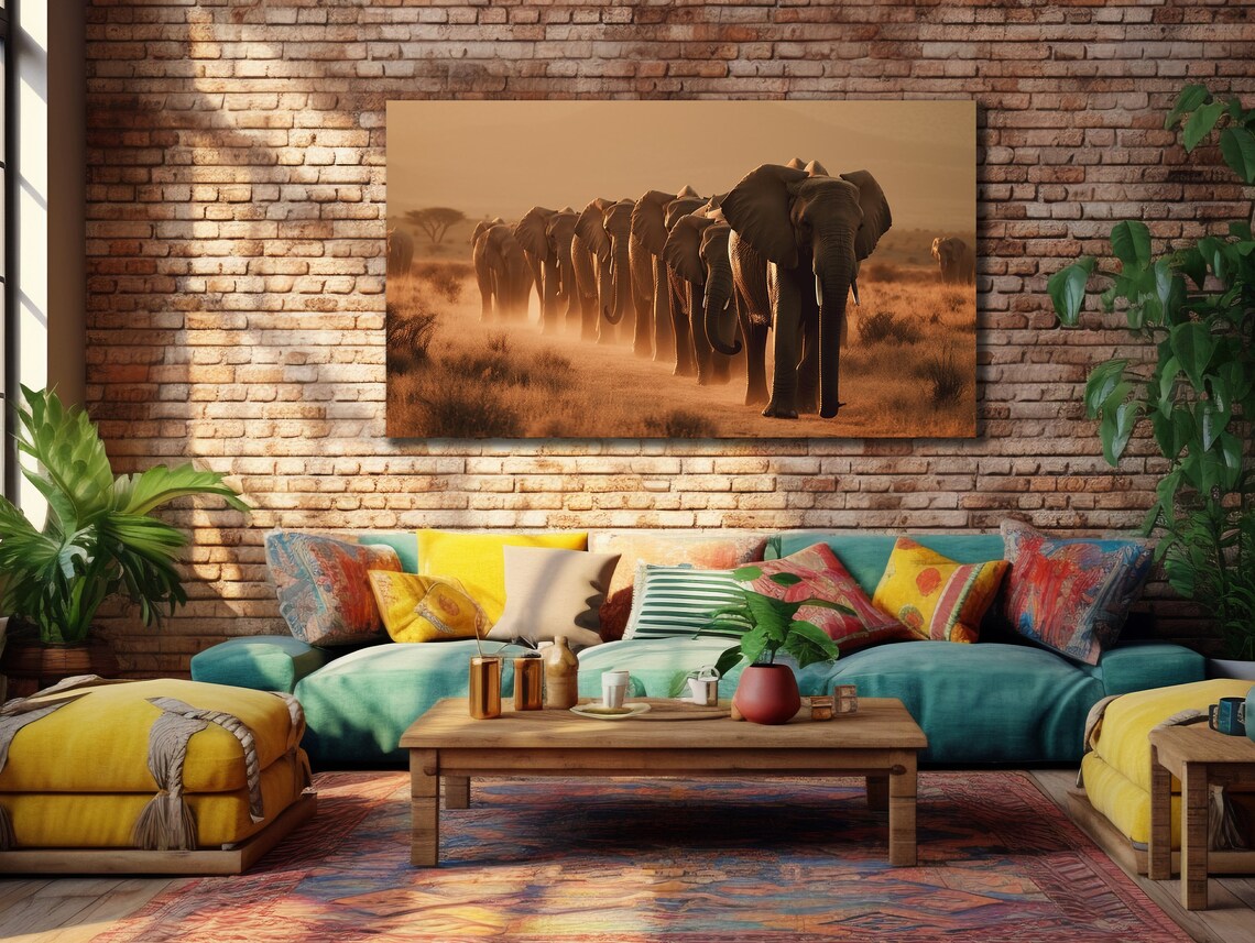Elephant Herd Walking Savanna Golden Dust African Wildlife Poster - Image 2