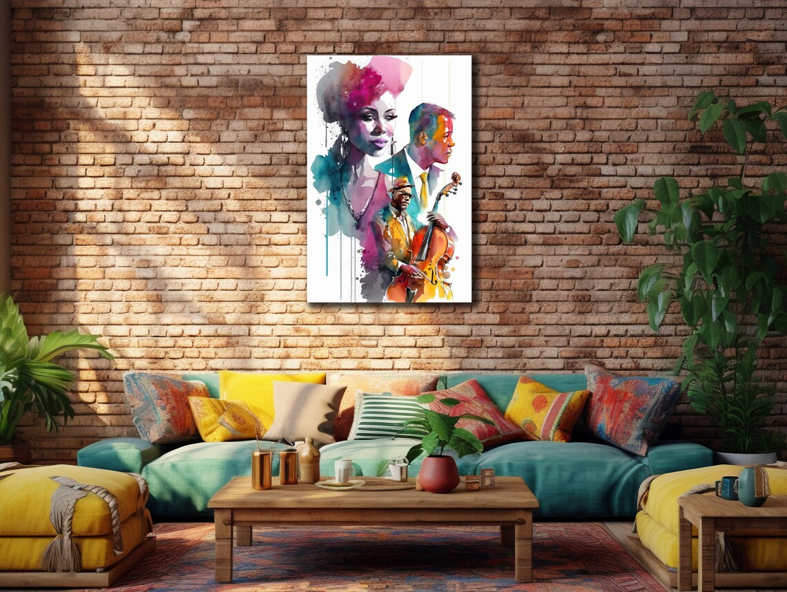 Jazz Band Watercolor Singers and Bassist Musical Portrait Poster - Image 2