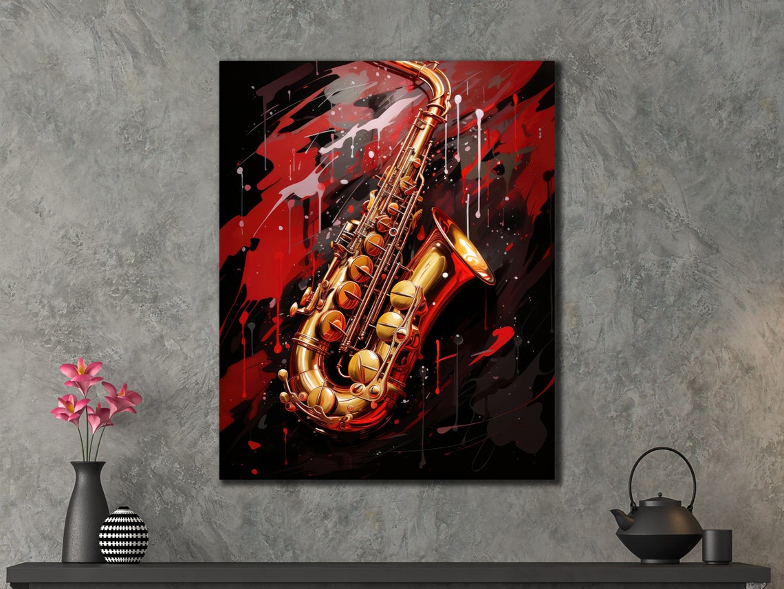 Golden Saxophone Red Black Abstract Splash Jazz Music Wall Poster - Image 2
