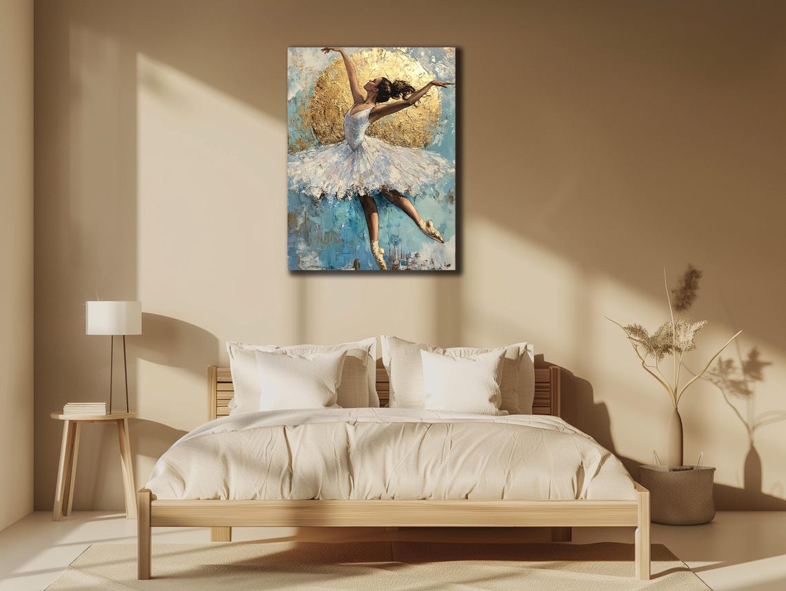 Ballerina White Tutu Dancing Golden Sun Blue Abstract Art Poster - Image 2