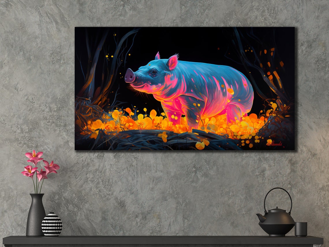 Neon Glowing Pig Vibrant Digital Pop Art Night Wildlife Poster - Image 2