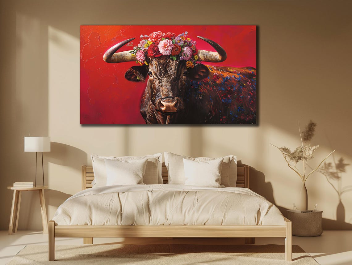 Longhorn Cow Flower Crown Red Background Floral Animal Art Poster