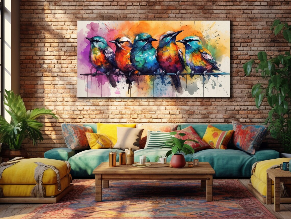 Five Colorful Songbirds on Wire Watercolor Splash Bird Art Print - Image 2