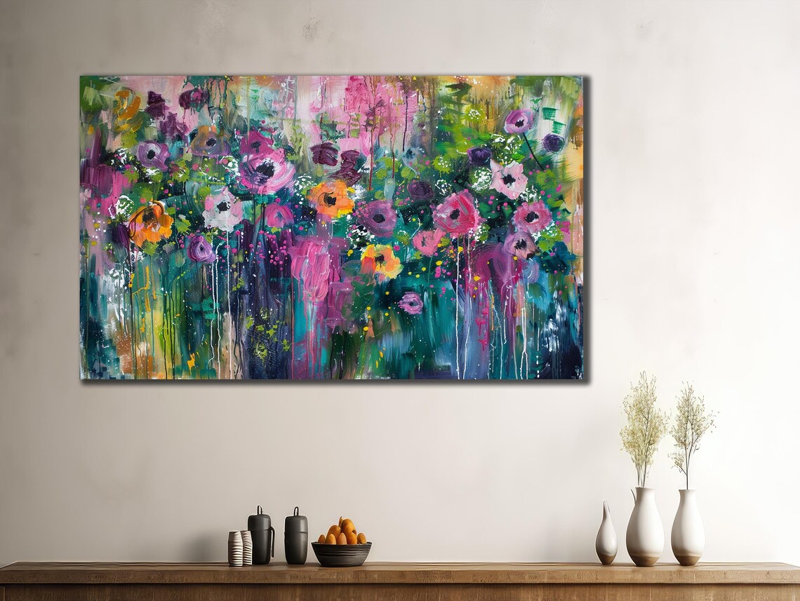 Wildflower Meadow Abstract Spring Bloom Painting Green Pink Art Poster - Image 3