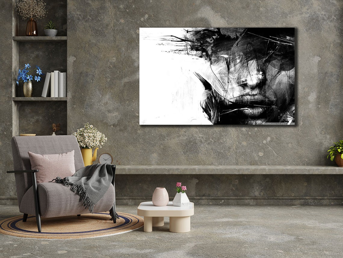 Abstract Black White Woman Face Ink Sketch Minimalist Wall Art Print - Image 2