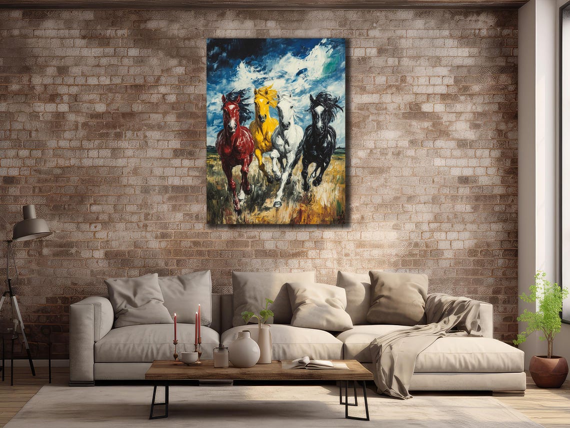 Four Running Horses Colorful Gallop Wild Herd Dynamic Wall Art Poster - Image 3