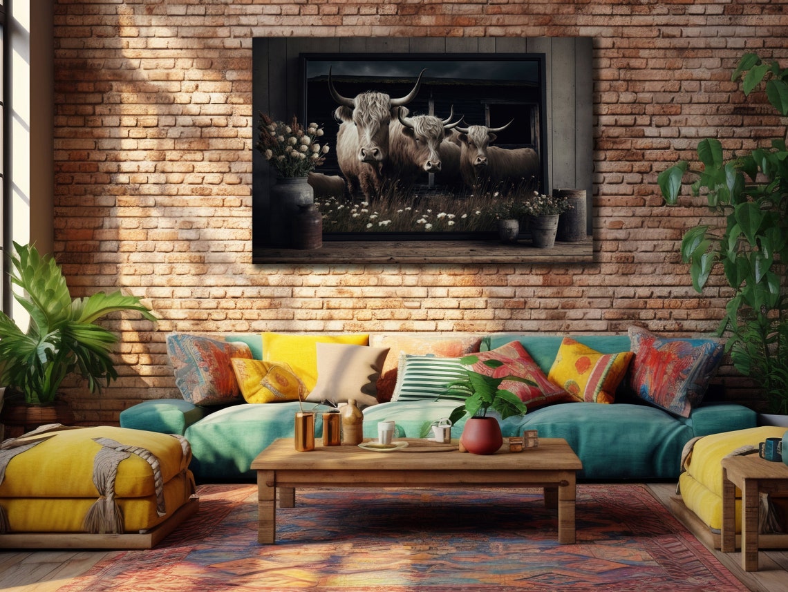 Highland Cows Barn Window Moody Farm Photography Wall Art Print