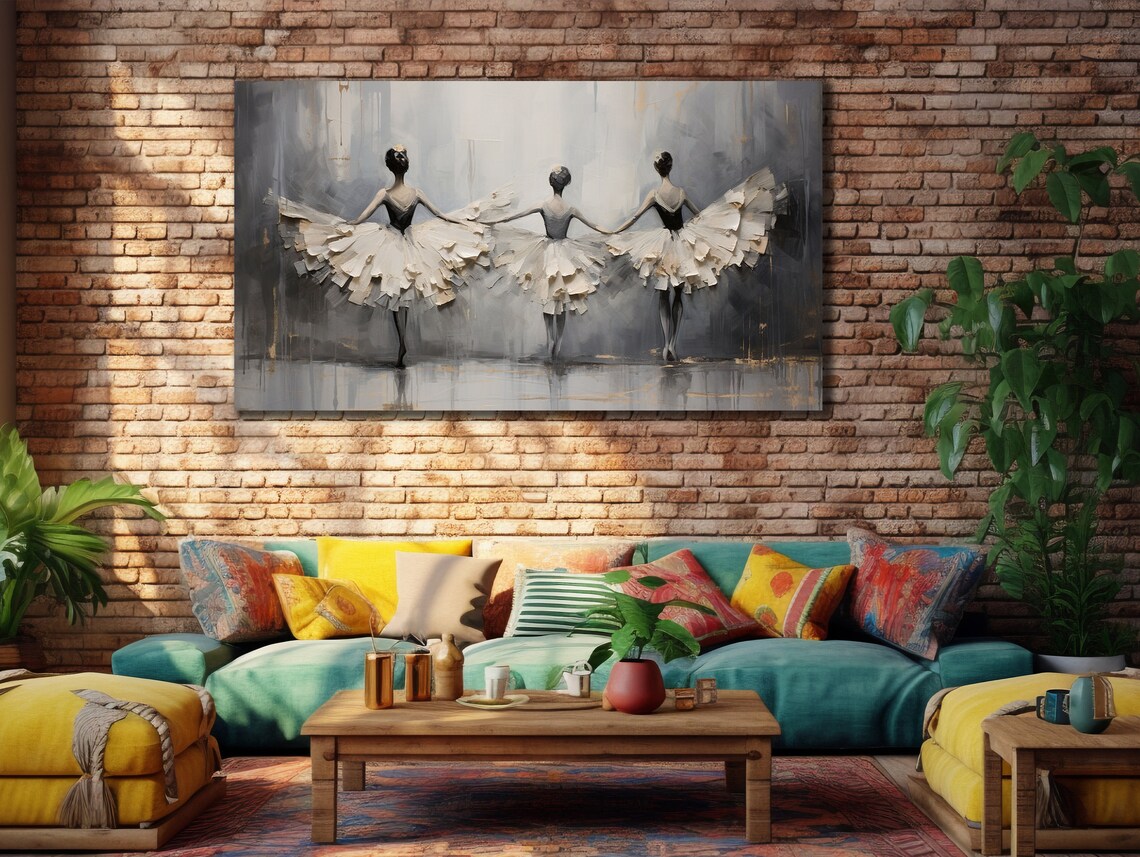 Three Ballerinas Gray Painting Back View Elegant Ballet Dancers Trio Wall Poster