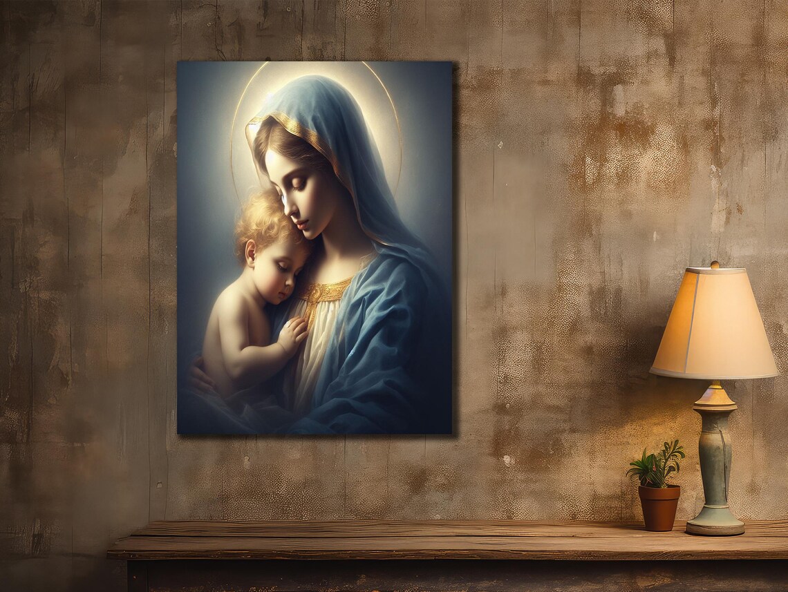 Virgin Mary Tender Embrace Baby Jesus Blue Veil Devotional Wall Art Print Poster - Image 3