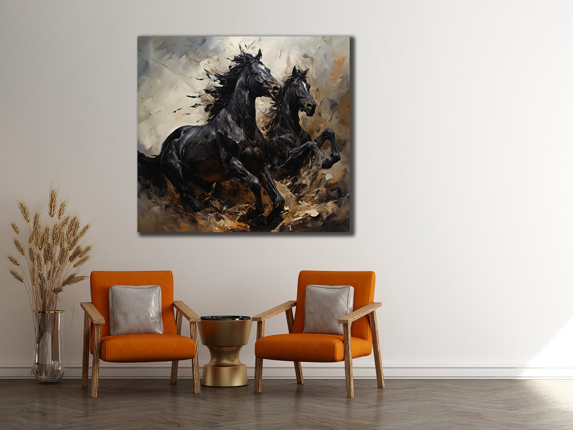 Two Black Horses Galloping Grayscale Brown Dust Powerful Equine Poster - Image 2