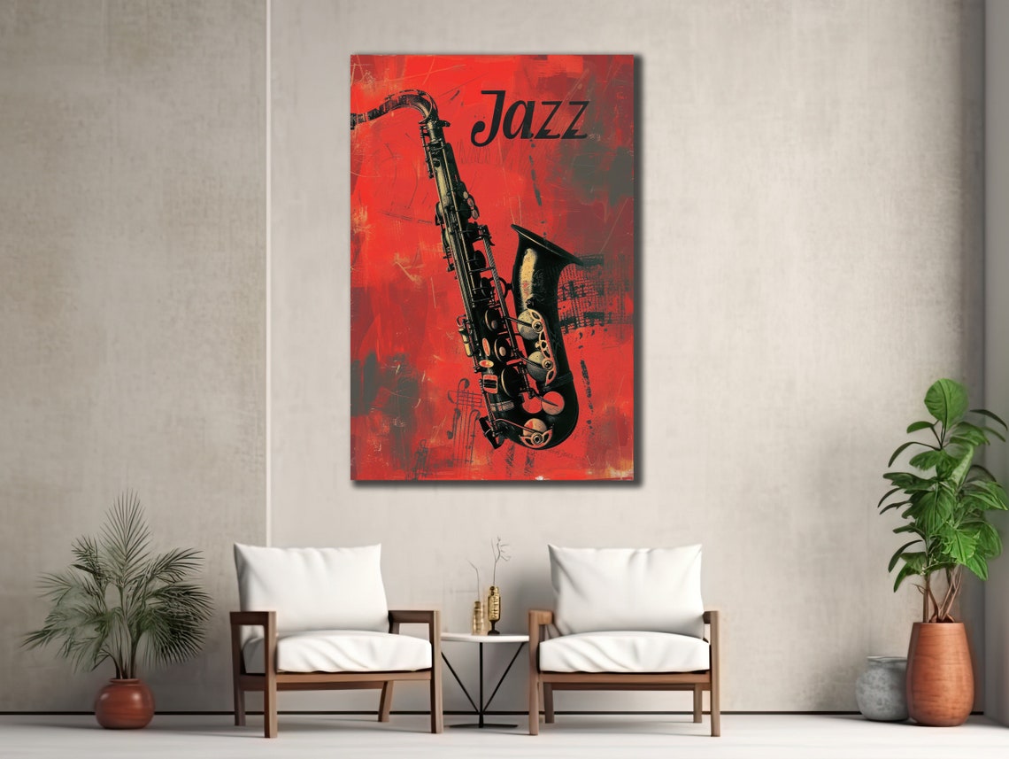 Jazz Saxophone Red Background Vintage Music Notes Art Wall Poster - Image 2