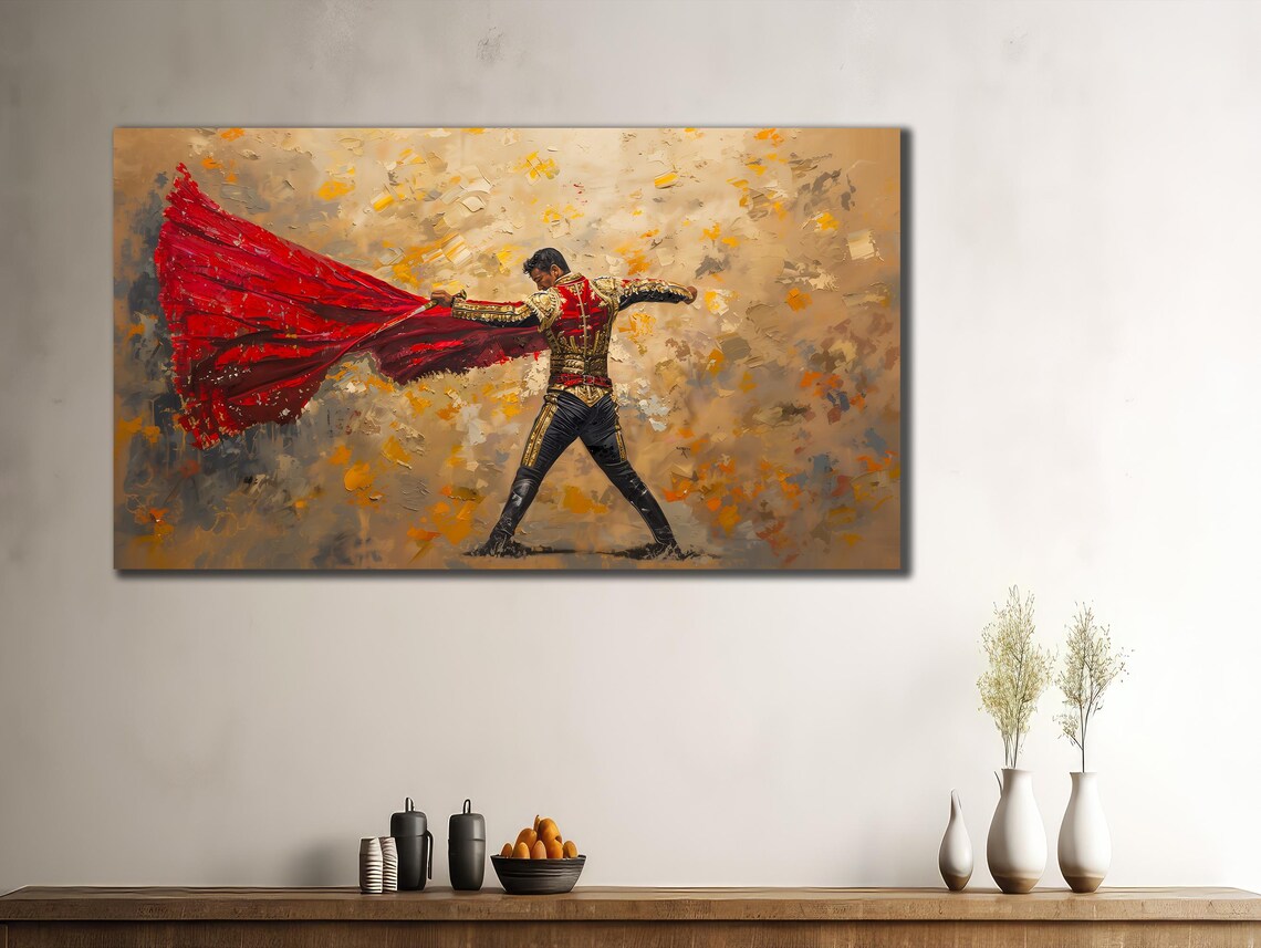 Spanish Matador Red Cape Gold Suit Bullfighter Oil Painting Poster - Image 2
