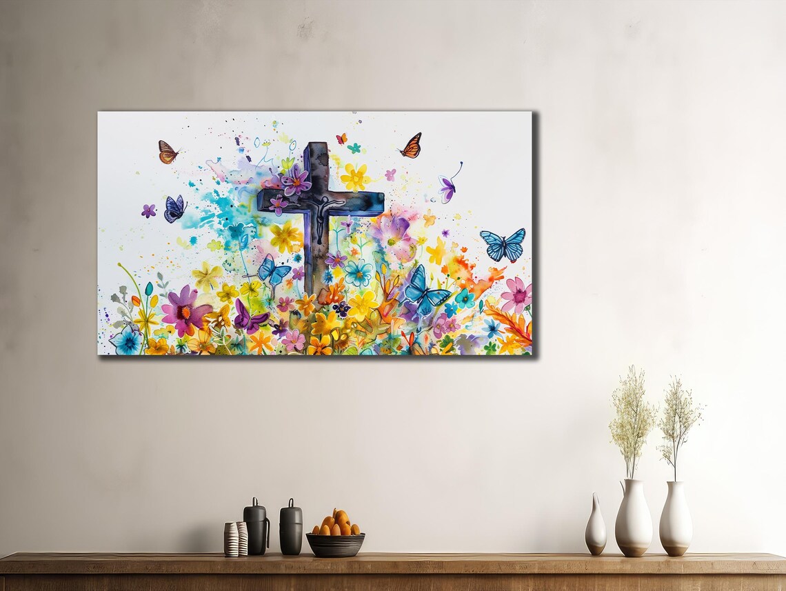Crucifix Cross Watercolor Flowers Butterflies Easter Faith Art Poster - Image 3