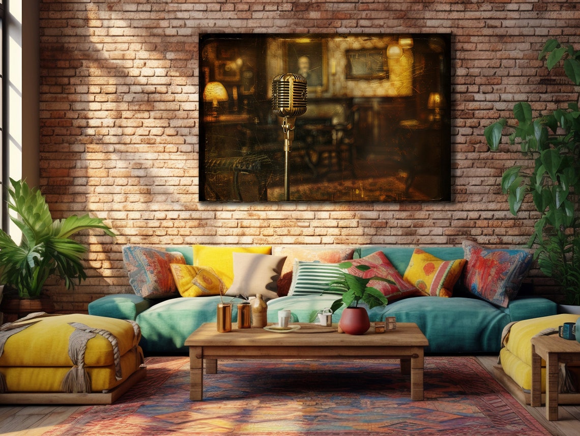 Vintage Microphone Jazz Club Sepia Retro Live Music Scene Poster