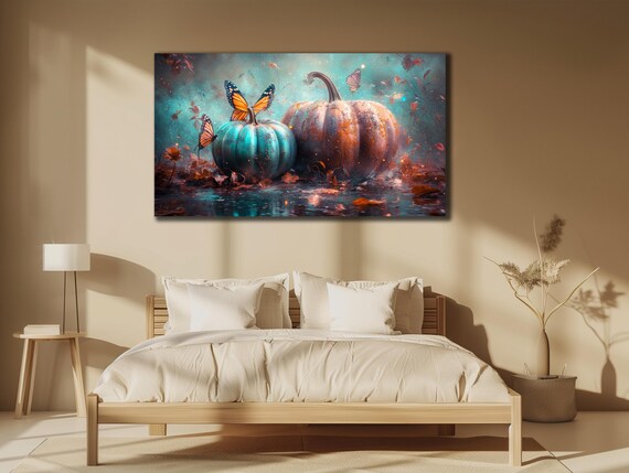 Teal And Rustic Pumpkins Monarch Butterflies Fall Autumn Art Poster
