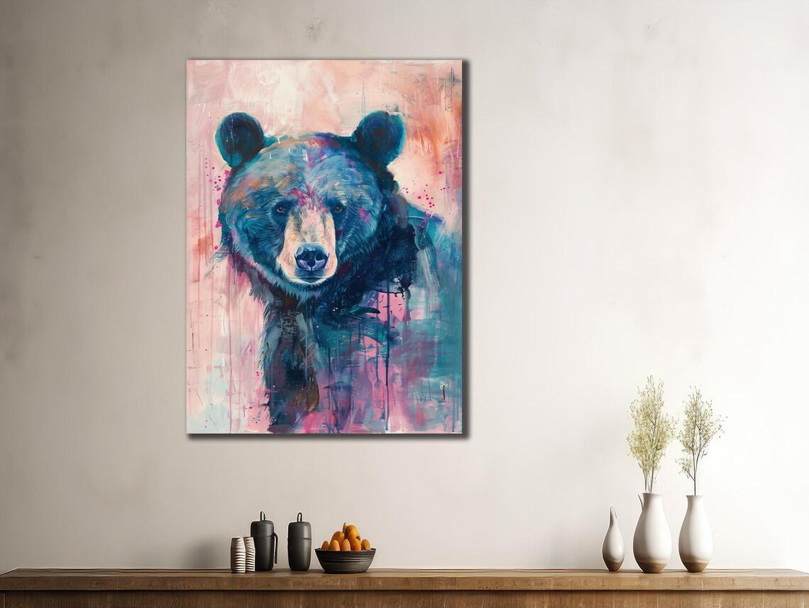 Blue Bear Portrait Pink Teal Paint Splash Modern Wildlife Poster
