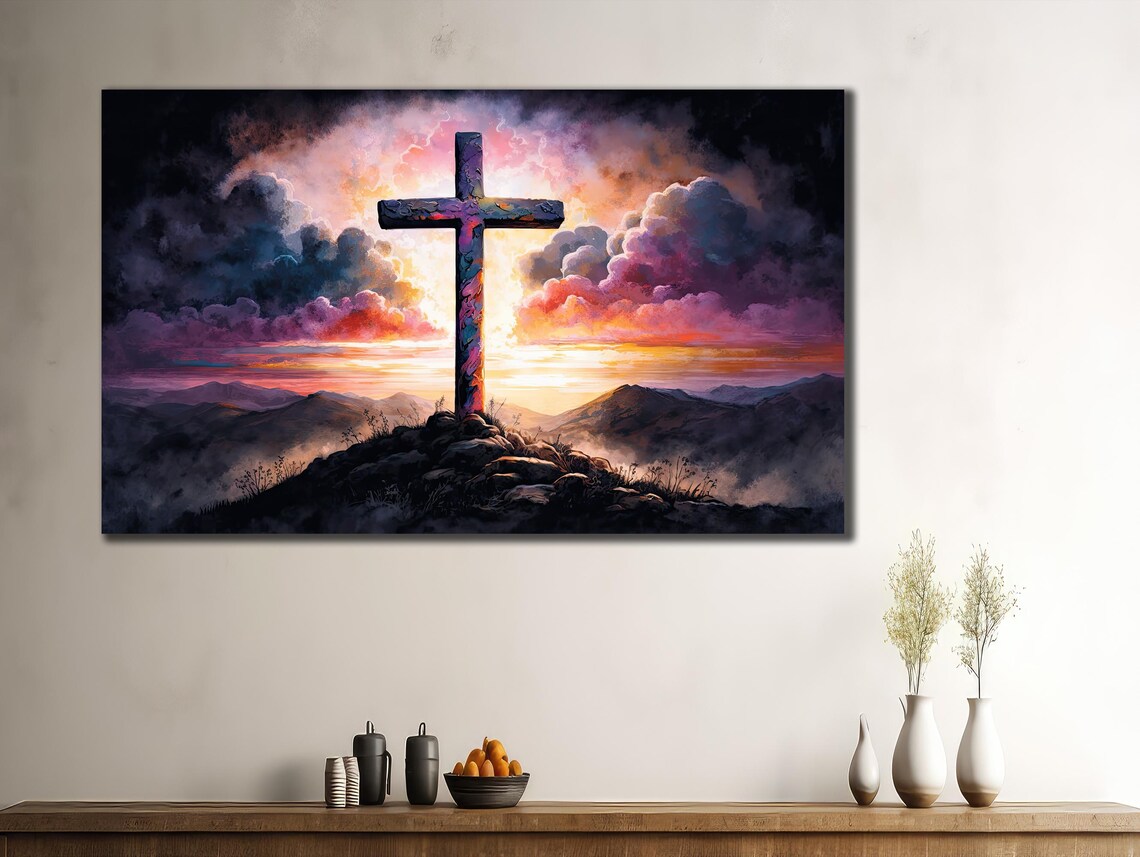Cross On Rocky Hilltop Dramatic Sunset Faith Sky Painting Art Poster - Image 3