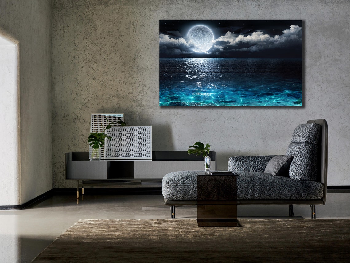 Full Moon Over Night Ocean Moonlit Sea Clouds Nature Wall Art Poster - Image 2