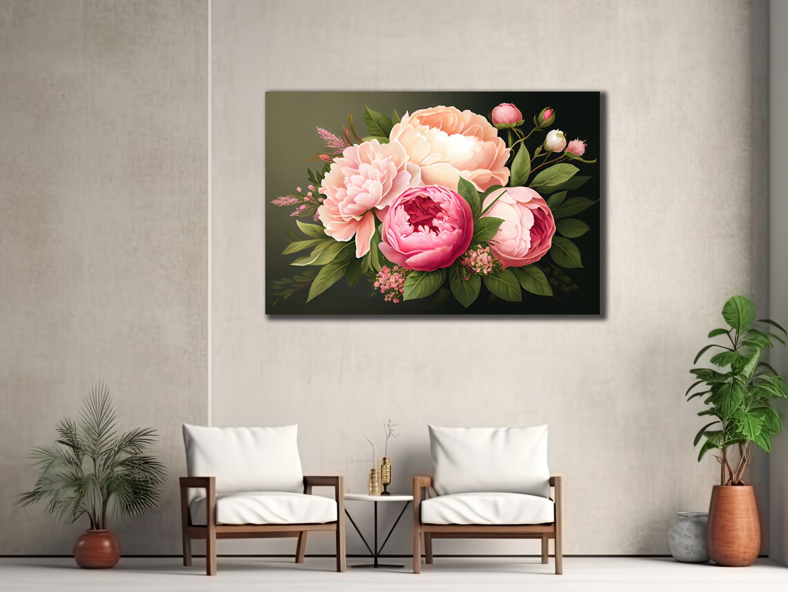 Pink Peonies Roses Bouquet Dark Background Lush Floral Art Poster - Image 3