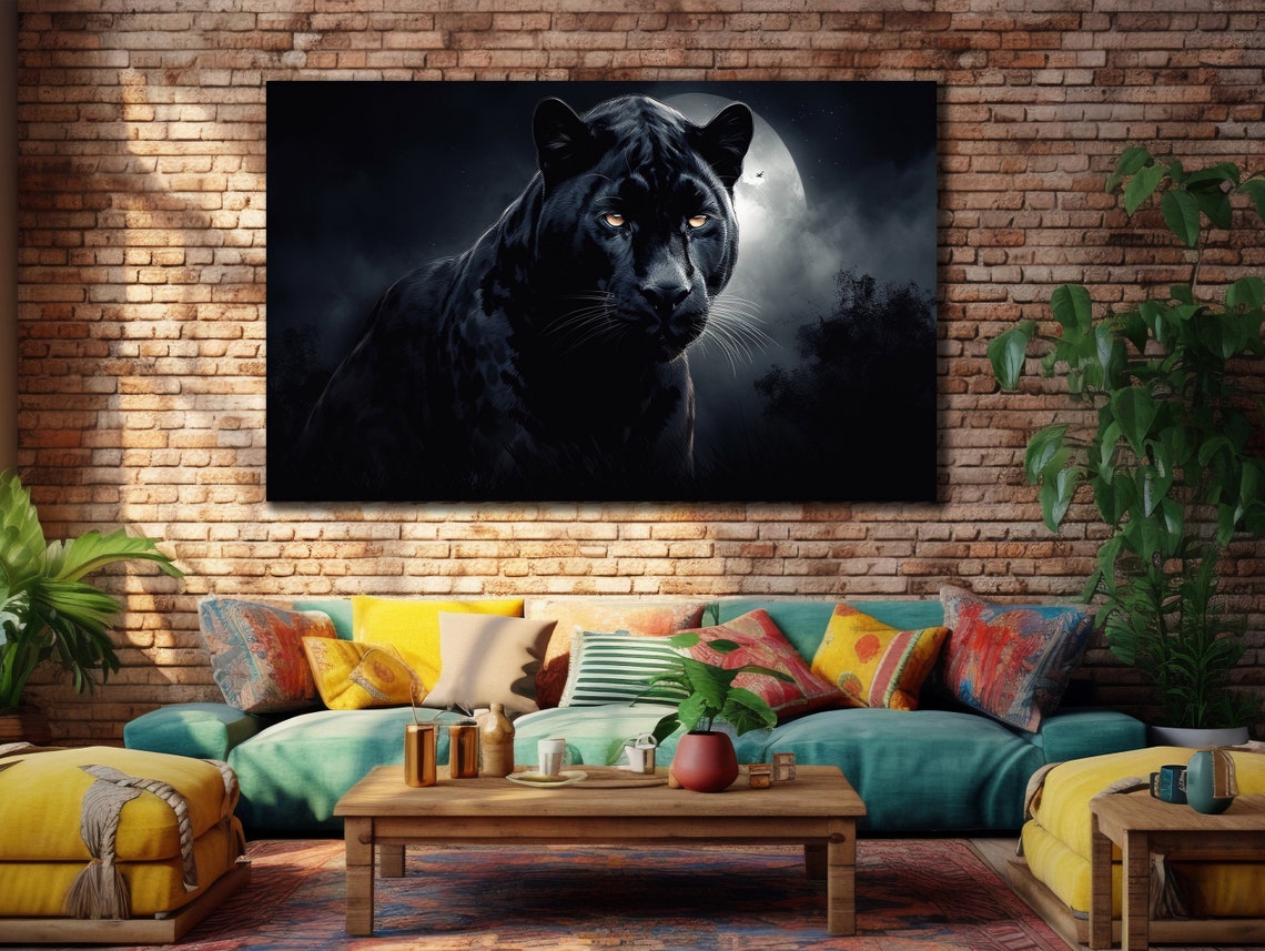 Black Panther with Glowing Eyes under Full Moon Night Poster