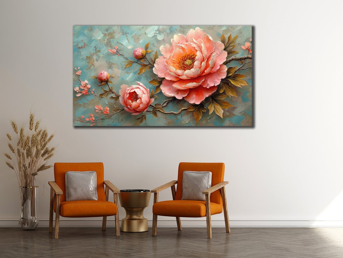 Pink Peonies Blossom Branch Turquoise Background Floral Art Poster - Image 3