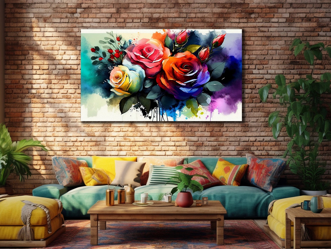 Colorful Watercolor Roses Bouquet Rainbow Splashes Floral Art Poster - Image 3