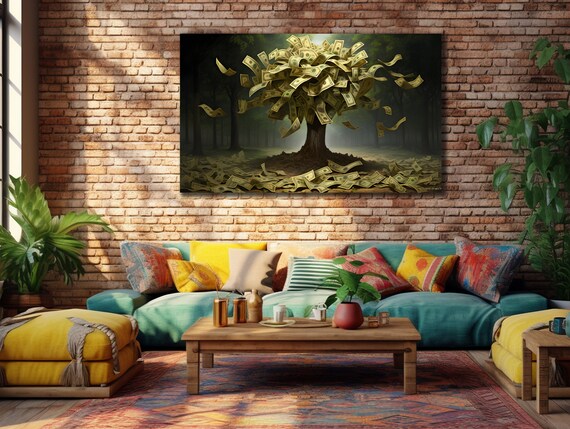 Money Tree Painting On Money Wall Art Contemporary Wall Decor Money Tree Poster Ready To Hang Decor Modern Printing Art Decor