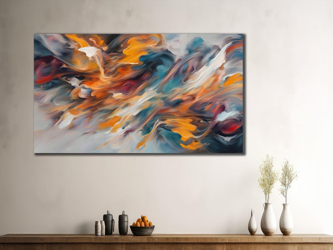 Orange Blue White Swirl Abstract Fluid Modern Canvas Wall Art Print - Image 2