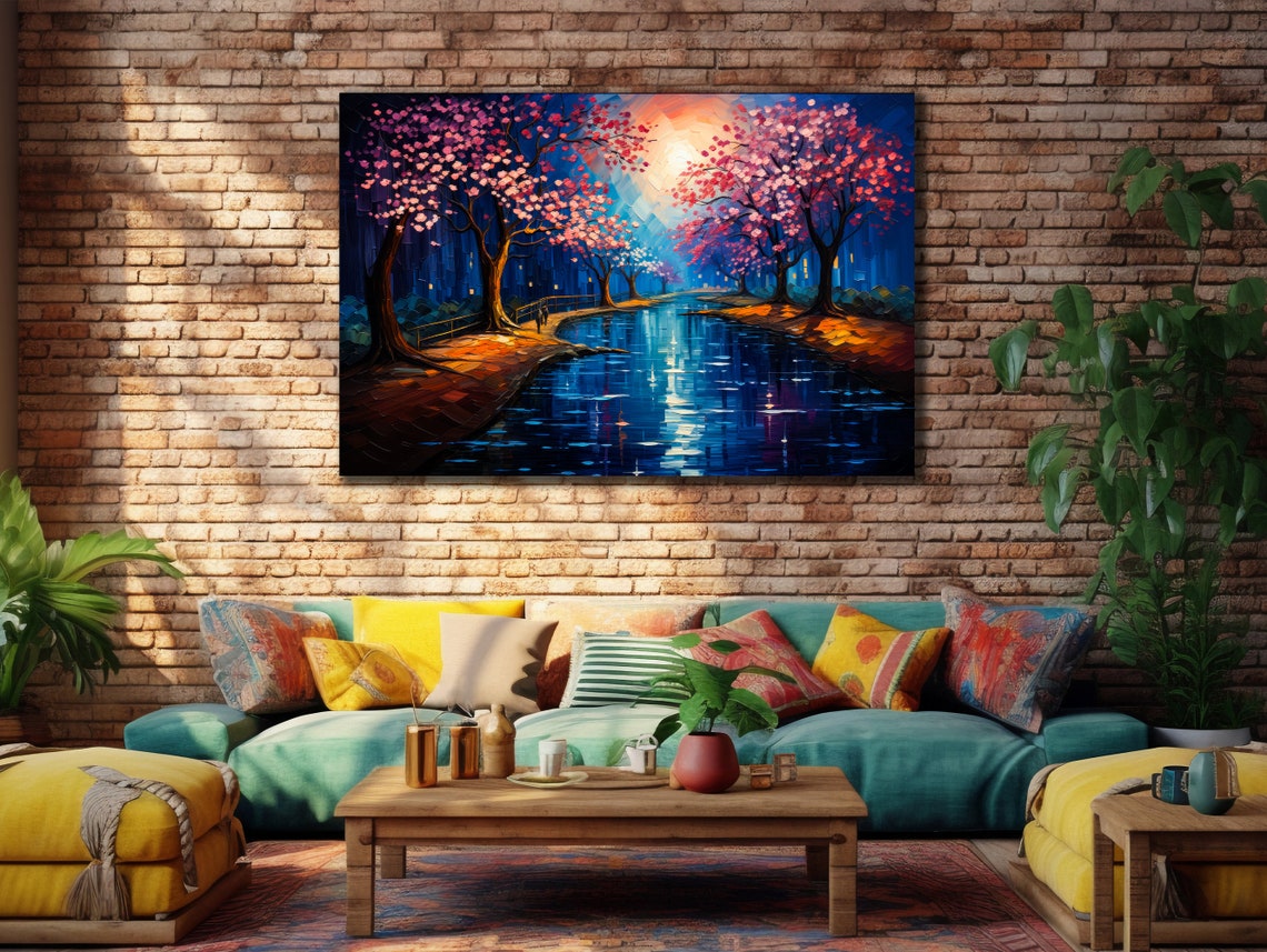 Cherry Blossom Moonlit River Night Pink Trees Landscape Art Print - Image 2