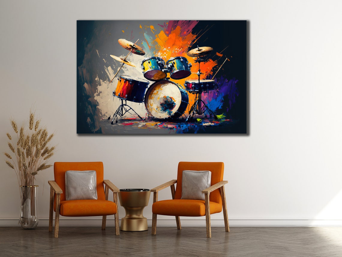 Colorful Watercolor Drum Kit Fiery Orange Music Room Wall Art Poster - Image 2
