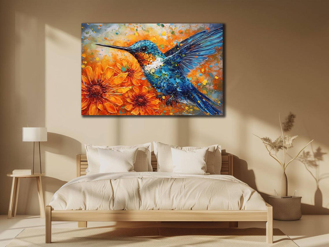 Blue Hummingbird with Orange Flowers Impasto Bird Painting Art Poster - Image 3