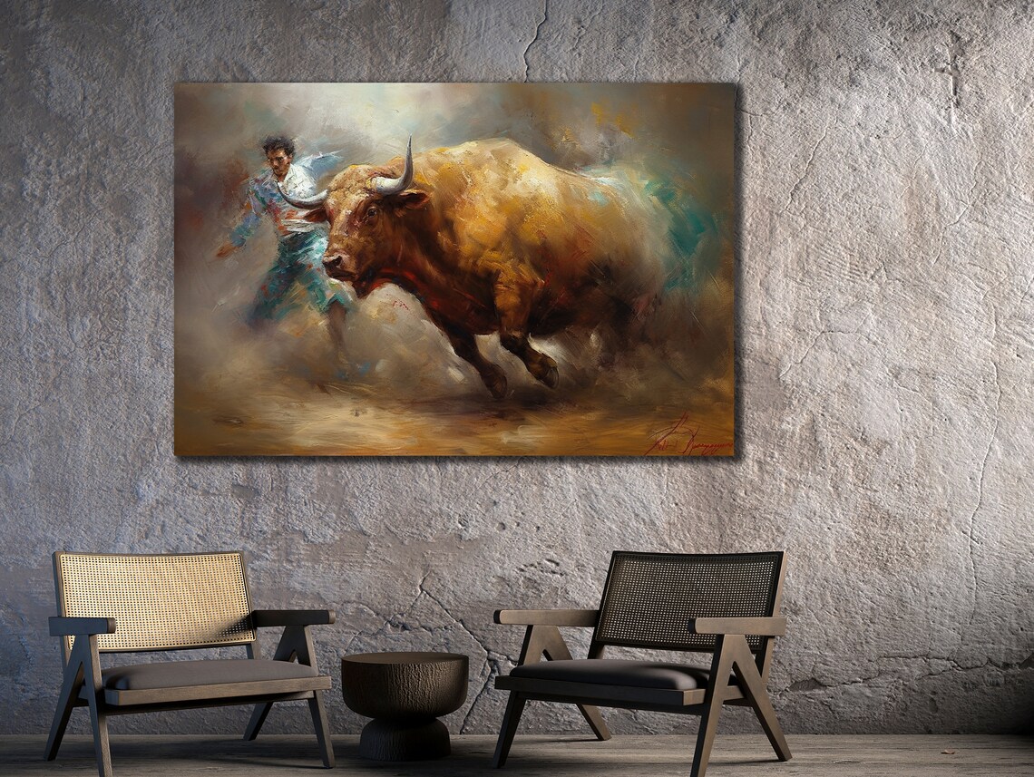 Charging Bull Bullfight Matador Dusty Arena Oil Painting Animal Print - Image 2