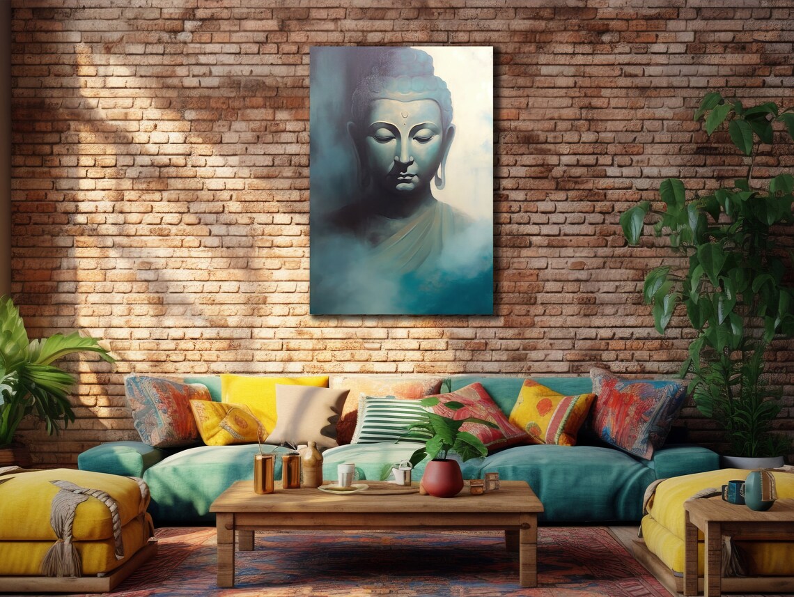 Serene Blue Buddha Face Misty Zen Meditation Spiritual Wall Art Print - Image 2