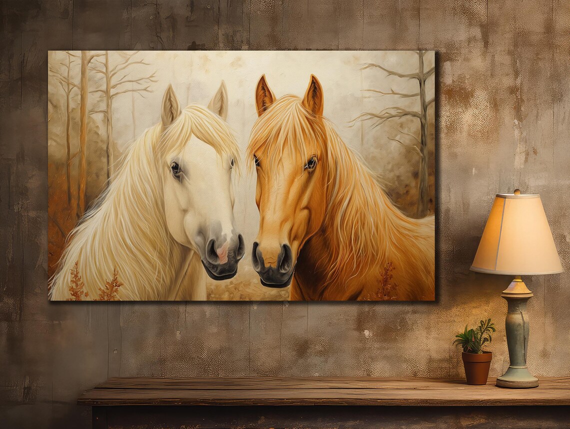 White and Chestnut Horse Couple Portrait Tender Equine Artwork Print