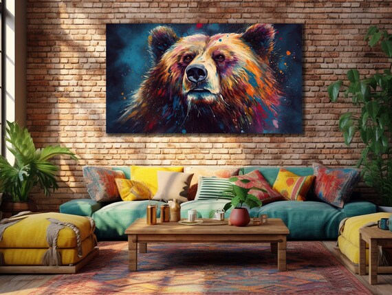 Bear Face Orange Teal Splash Colorful Wildlife Wall Art Print