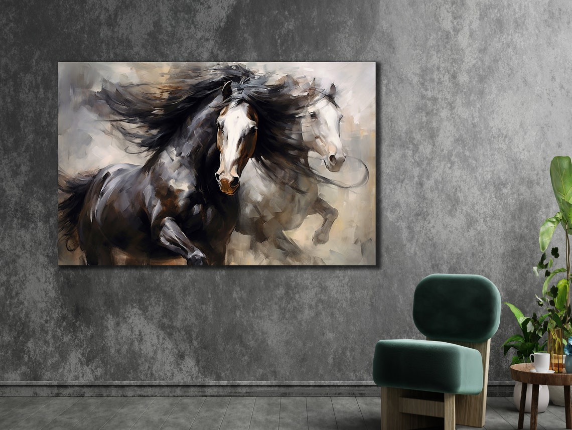 Black White Horses Running Misty Impressionist Equestrian Art Poster - Image 3