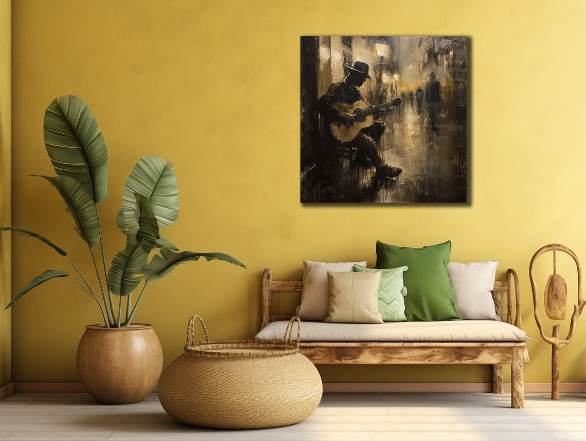 Street Guitarist in Golden Rainy Night Alley Impressionist Music Art Print - Image 3