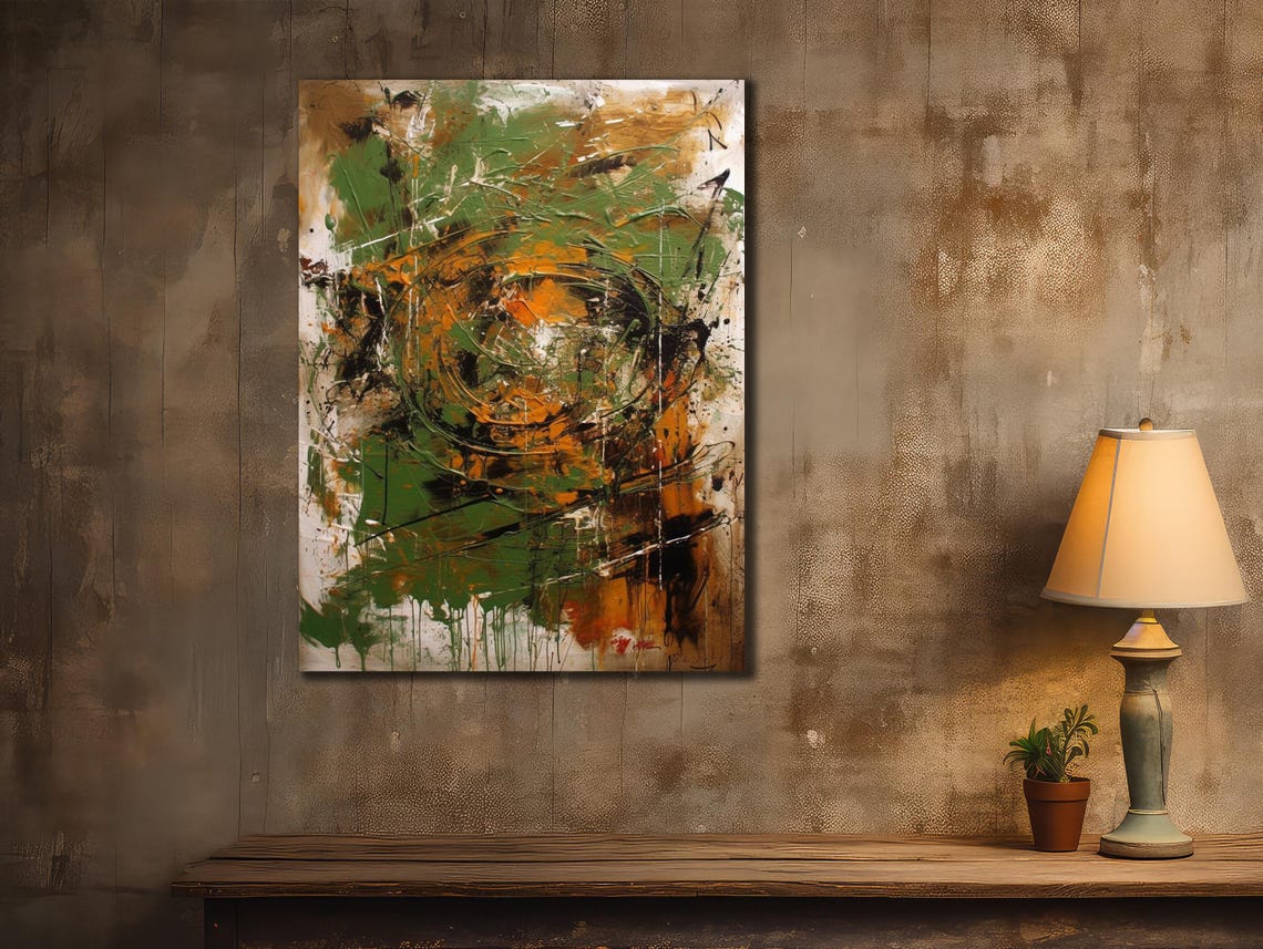 Abstract Green Orange Gold Gestural Brushstroke Modern Art Wall Poster
