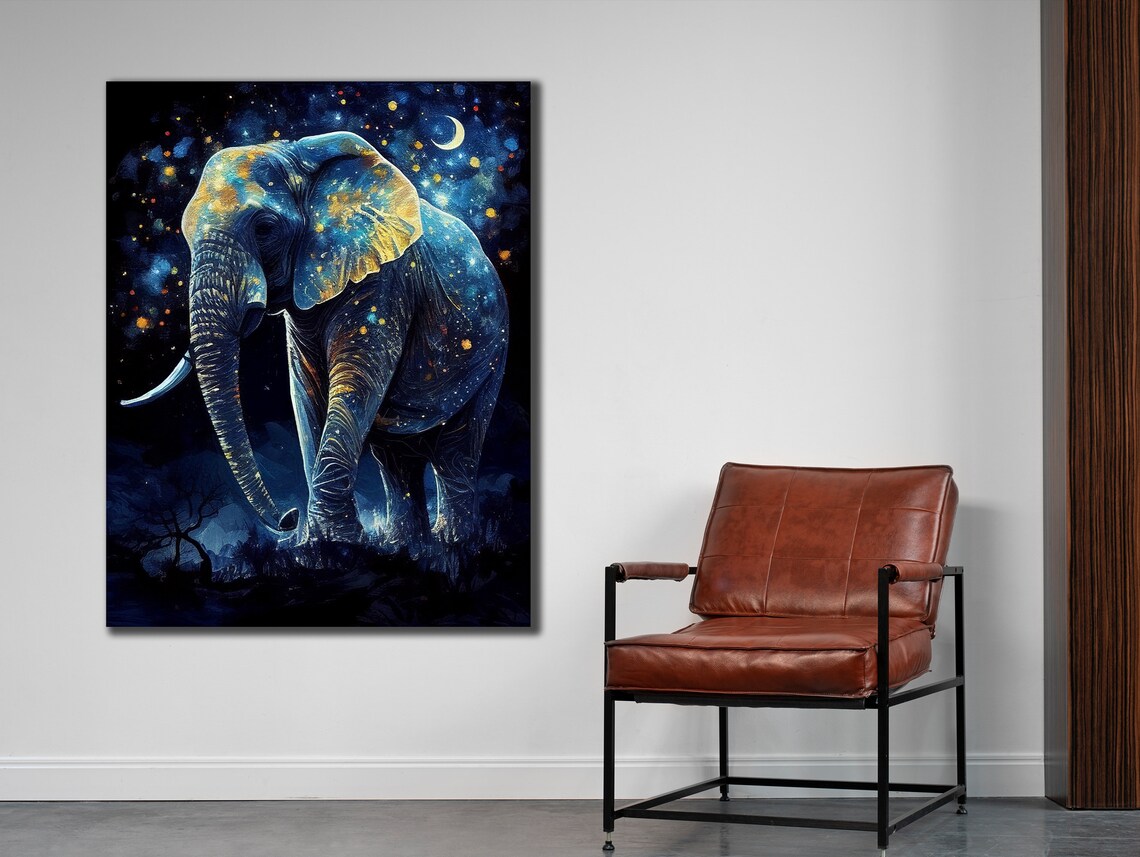 Blue Elephant Starry Night Golden Stars Crescent Moon Fantasy Art Print - Image 2