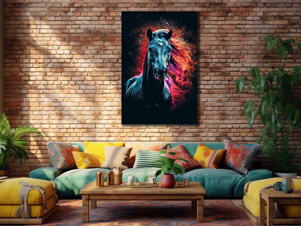 Black Horse Colorful Fiery Mane Neon Style Animal Wall Art Poster