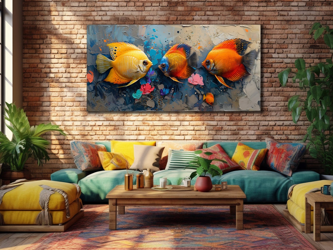 Three Colorful Discus Fish Blue Gray Abstract Sea Life Wall Art