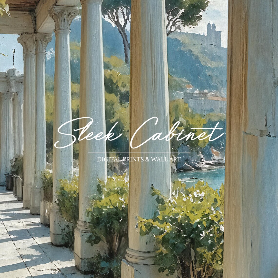 Sunlit Mediterranean Terrace Columns Sea View Vintage Travel Print - Image 3