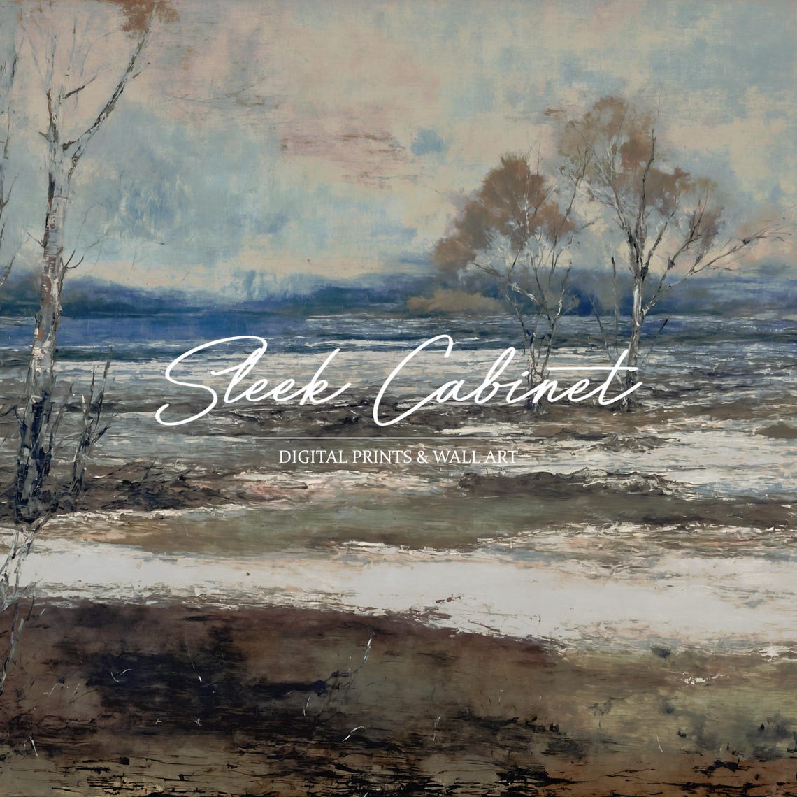 Abstract Winter Landscape Birch Trees Muted Tonal Oil Art Poster - Image 3