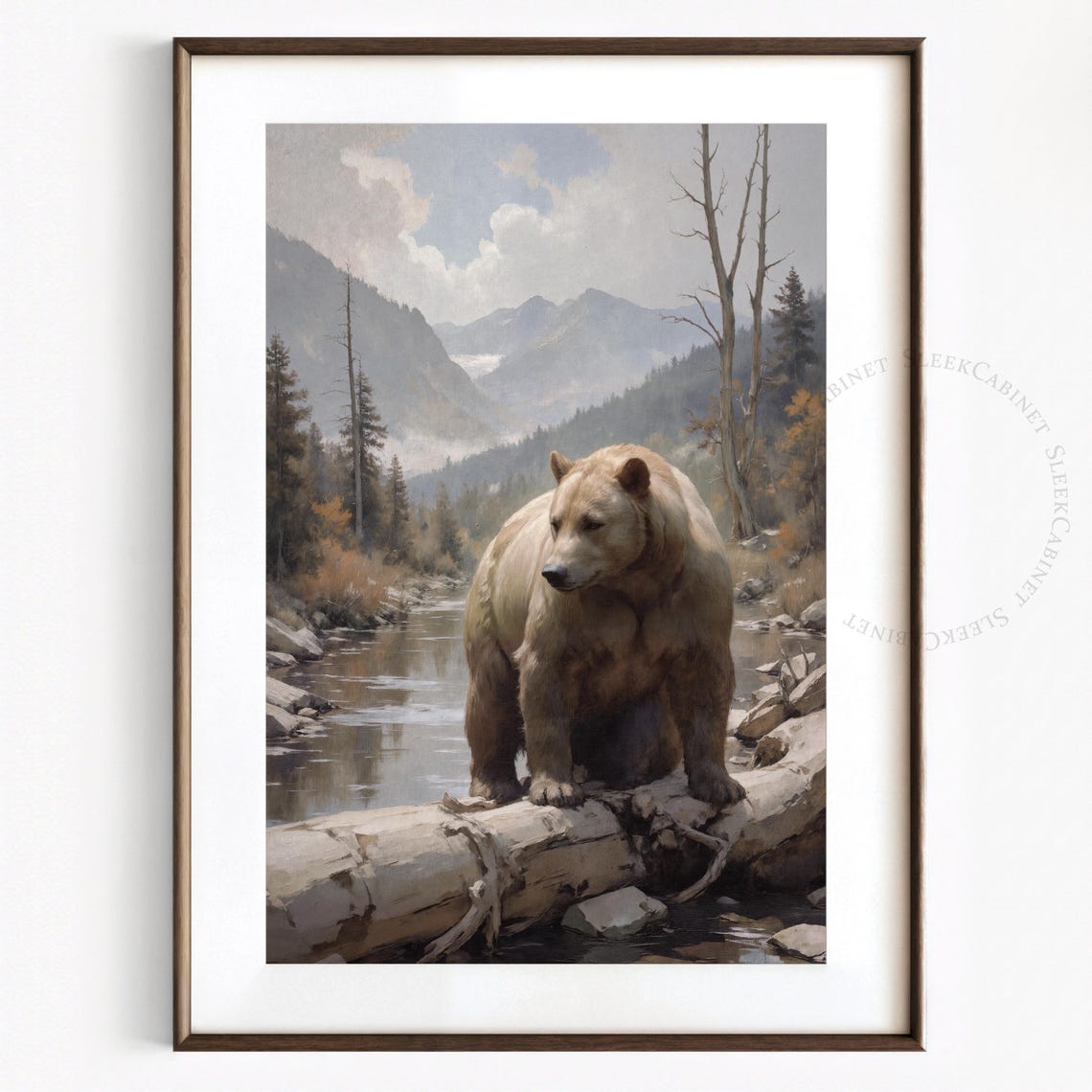 Brown Bear on Fallen Log River Mountain Valley Wildlife Poster - Image 2