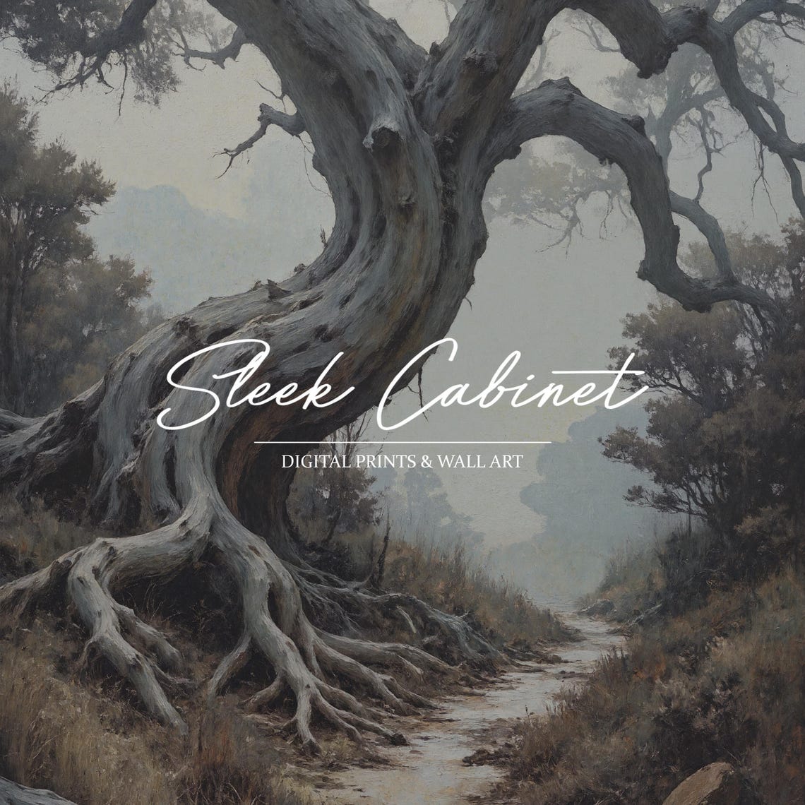 Ancient Twisted Tree Misty Path Gothic Moody Nature Art Poster - Image 4