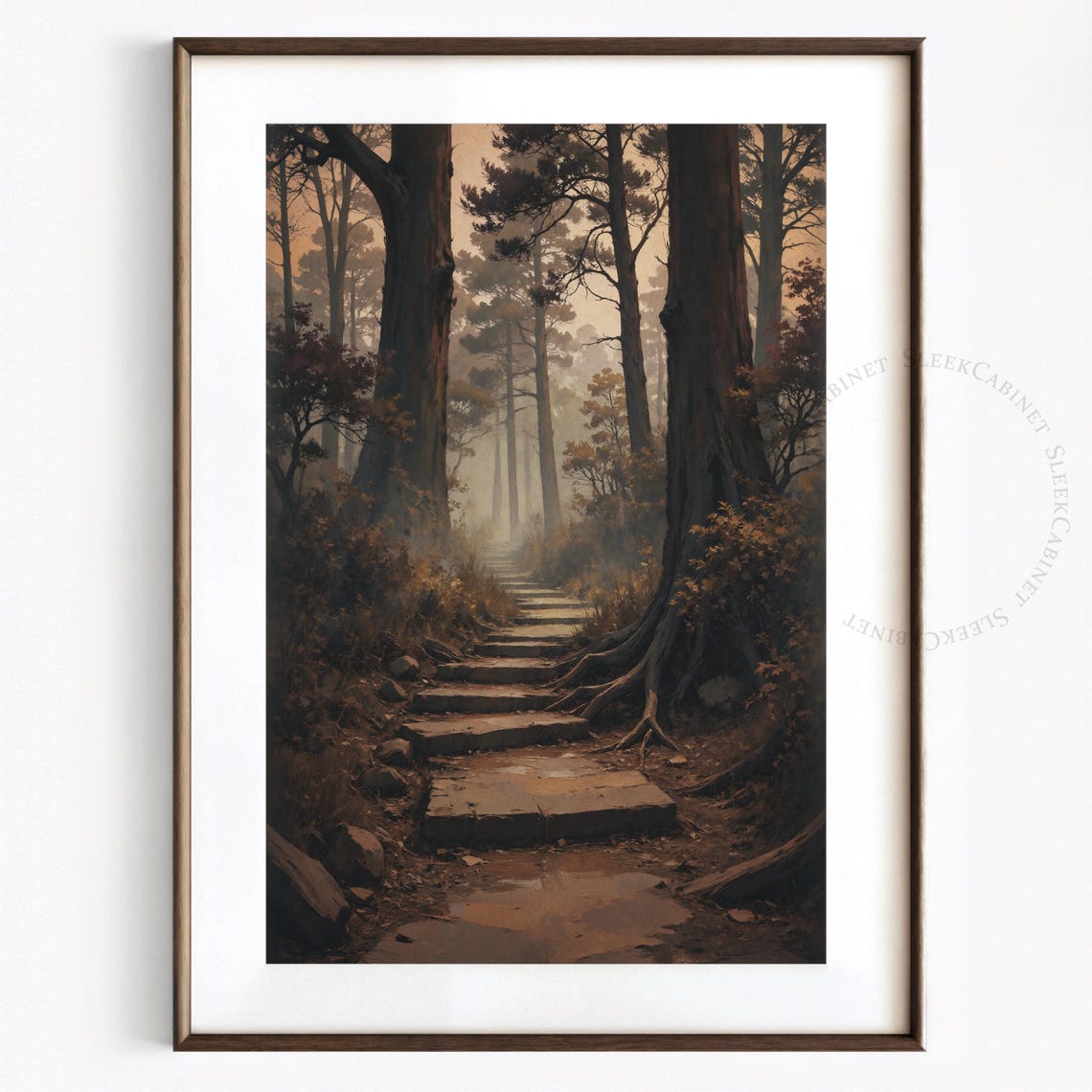 Misty Stone Steps Dark Forest Path Moody Woodland Art Poster - Image 2