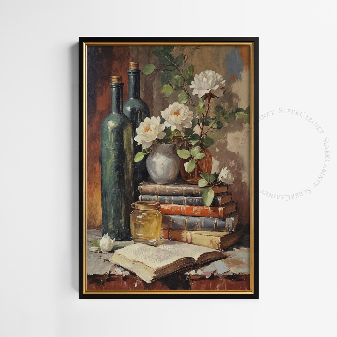 Vintage Books Wine Bottles White Roses Still Life Oil Art Poster