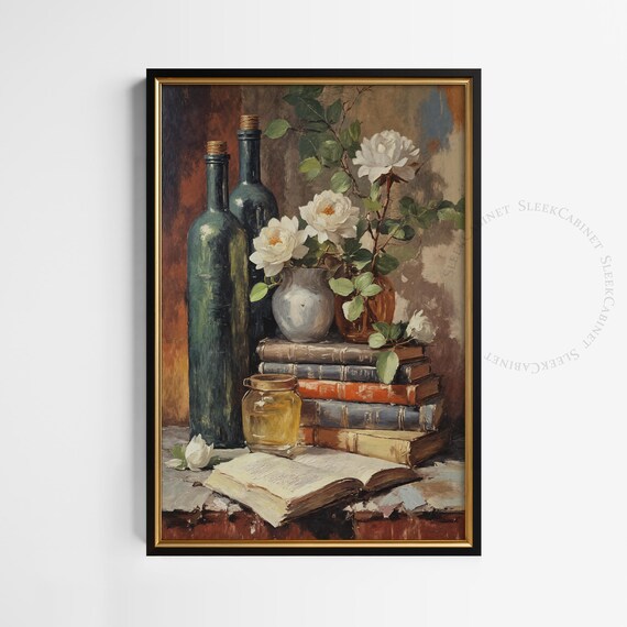 Vintage Books Wine Bottles White Roses Still Life Oil Art Poster